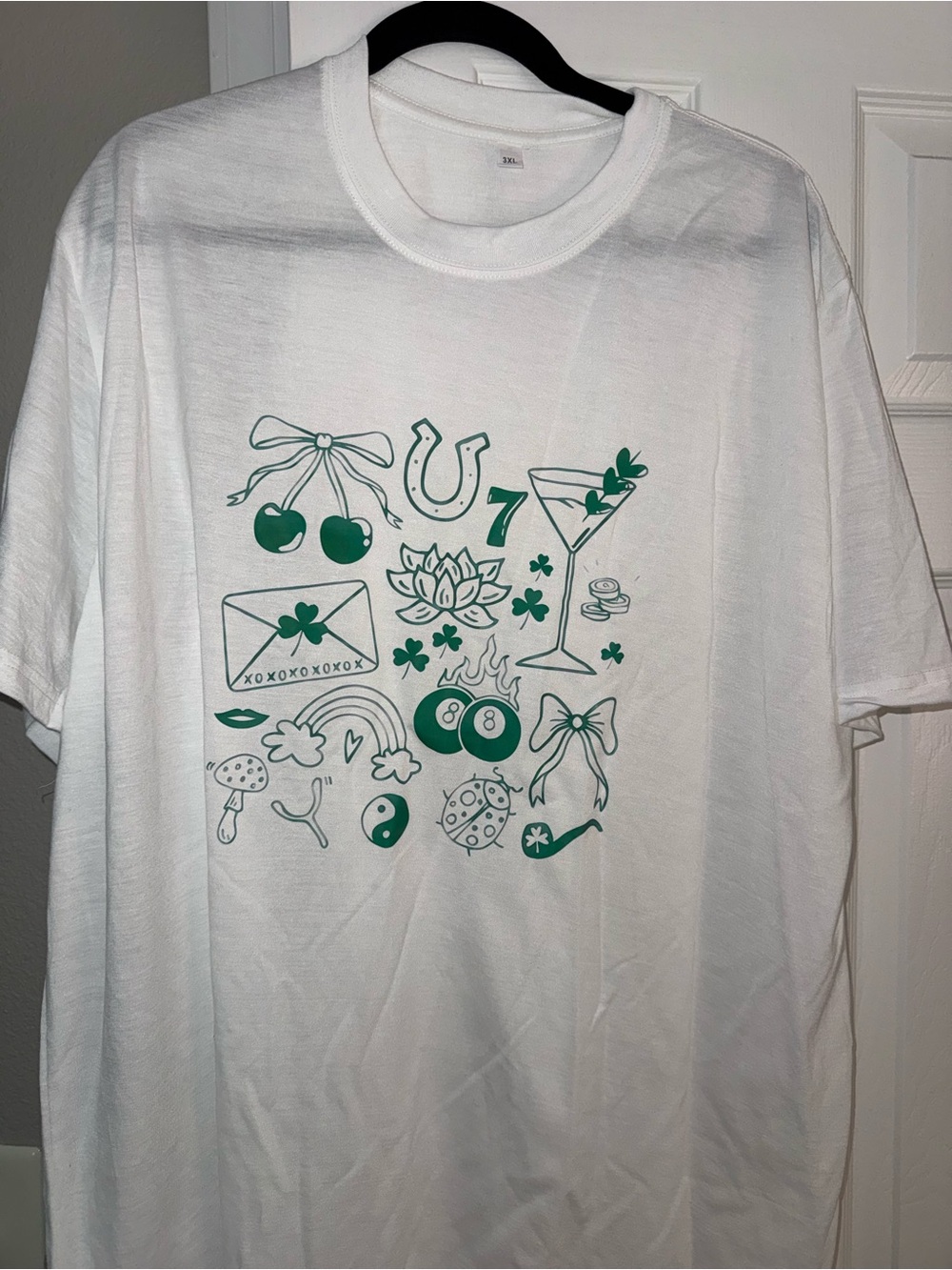 White Graphic Tee with Green Lucky Charm Print